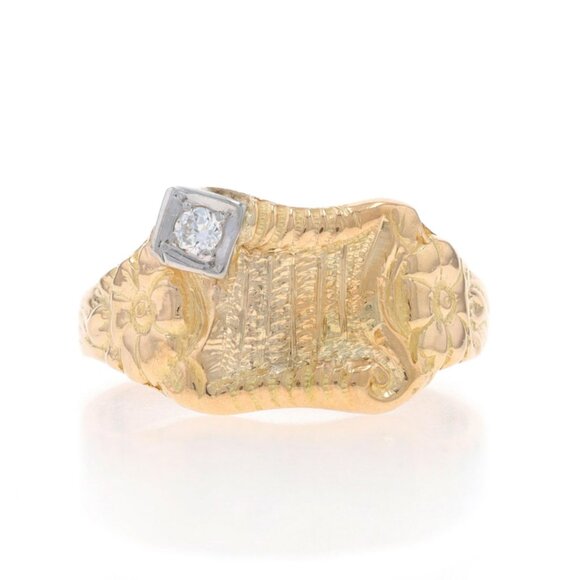 Yellow Gold Diamond Retro Floral Solitaire Ring - 14k Round Brilliant